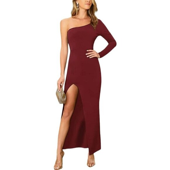 Makemechic Dresses & Skirts - One Shoulder Long Sleeve Split Thigh Cocktail Party Maxi Dress | Small